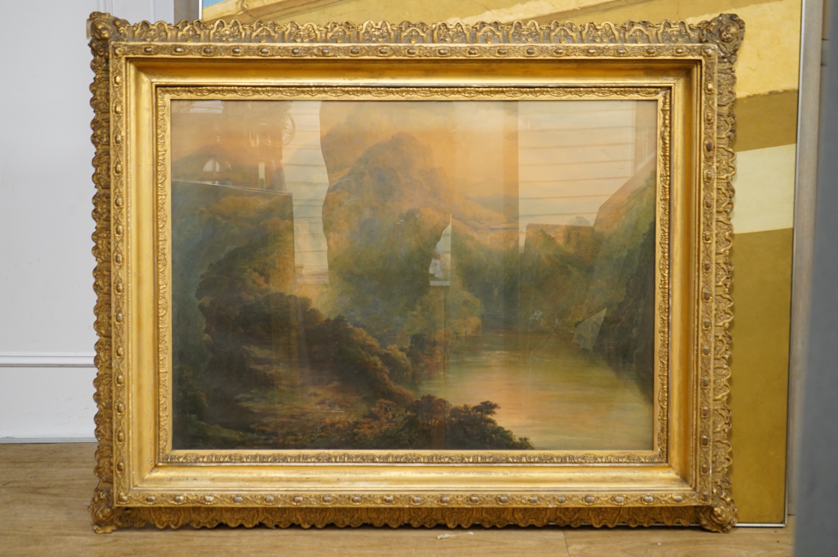 19th century School, Riverscape with ravine, unsigned, watercolour, 57 x 78cm, ornate gilt frame